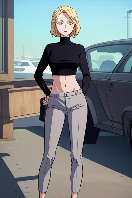 masterpiece, best quality, absurdres, perfect anatomy, beautiful background, beautiful face, beautiful eyes, beautiful body, happy, sophiaboray, 1girl, solo, short hair, pants, blonde hair, shirt, long sleeves, midriff, sweater, crop top, black shirt, turtleneck, grey pants, black sweater,  Standing with hands on hips, cute, confident expression,  <lora:SophiaBoray:0.85>