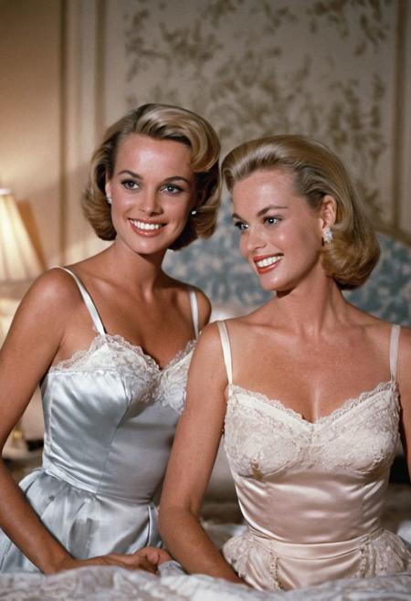 realistic photo, 20-year-old tippi hedren and grace kelly, in female satin bedroom, closeup, happy, smiling, wearing satin nighties with spaghetti straps and lace trim