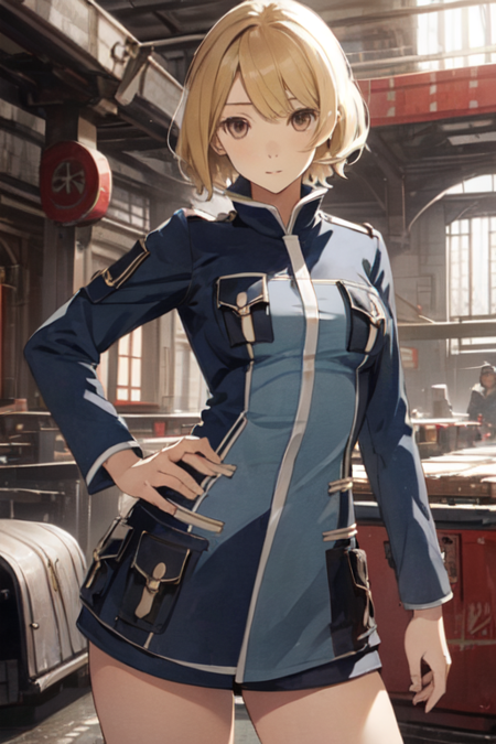 AnnetteKoenig, 1girl, solo, short hair, miniskirt, uniform, blonde hair, brown hair, long sleeves, brown eyes, 