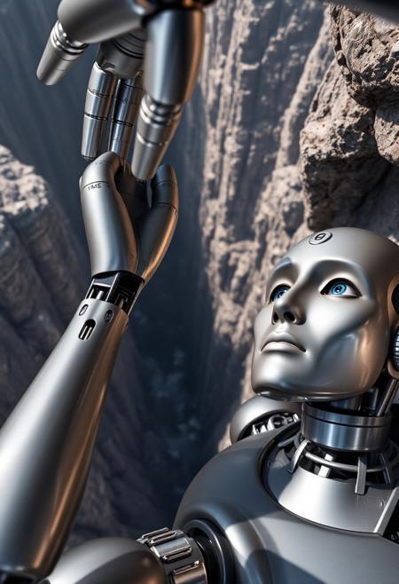 The robot hangs over the abyss with one hand holding a rocky ledge (in close-up, the camera is on top). Another hand with unclenched fingers stretches upwards. The robot's face is raised up, the sensor eyes are open. A titanium mechanical hand with an open palm (with metal joints of joints and metal fingers) stretches from above to the robot.