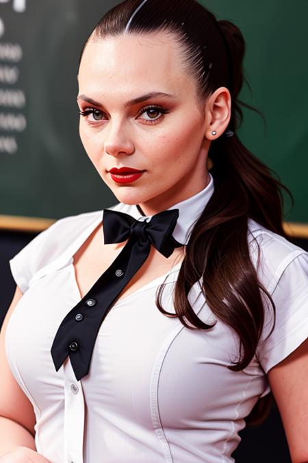 photo of a woman, dafnek:0.99, ((shirt, pixie cut, bowtie):1.1), ((classroom, chalkboard)), ((red lipstick, makeup)), (smile), ((best quality, masterpiece, extreme details, high resolution):1.2),((detailed eyes, beautiful eyes, detailed face, beautiful face):1.2)