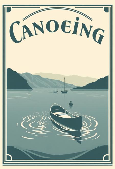 A vintage-inspired travel poster featuring a sleek canoe gliding across serene waters, surrounded by stylized waves. The text "Canoeing" elegantly arches above in Art Deco font, all rendered in a striking monochrome palette.