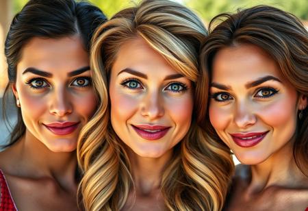 A Portrait of three actresses, from the series Charlie's angels, three different faces and types of women, from left to right: 
(beautiful pointed face, chin-length slightly wavy black hair, full head of hair and blow-dried hairstyle, sparkling brown eyes, mascara and eye shadow, perfect make-up, thin lips, cheeky facial expressions, mischievous smile, small firm breasts, sexy neckline),
(beautiful broad face, shoulder-length, very wavy blonde hair, full hair and blow-dried hairstyle, sparkling blue eyes, mascara and eye shadow, perfect make-up, thin lips, cool facial expressions, slight smile, small firm breasts, sexy neckline),
(beautiful round face, very long wavy brunette hair, full hair and blow-dried hairstyle, light brown sparkling eyes, mascara and eye shadow, perfect make-up, sensual full lips, friendly facial expressions, sensual smile, small firm breasts, sexy neckline),
widescreen close-up of all three women, golden ratio, 
looking into the camera, 32k digital photography with a dslr camera, fast lens with fixed focal length, UV and polarization filter, perfect color saturation, perfect lighting, color space adobe rgb, warm colors, professional shot, bokeh effect, sharp focus on the women, outdoor shot in bright environment, sunny day,
