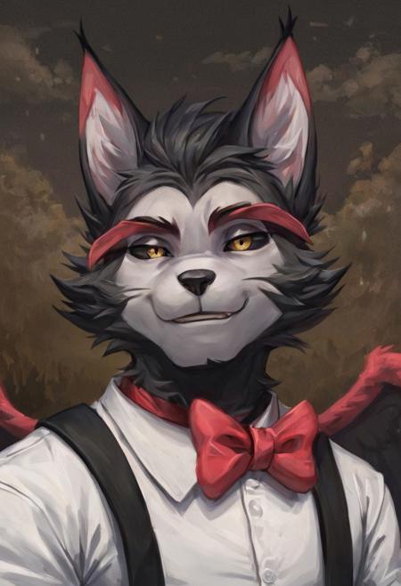 Husk(hh), Husker(hh), Husky(hh), black sclera, yellow eyes, tail, wings, animal ears, paw print, paws, no humans, furry male, Poker themed heart ear detail, animal hands, cat ears, anthro, 4 toes, clothing, clothed, suspenders, two wings, traditional red bowtie, white shirt, pants, trousers, long trousers, Poker themed heart wing detail, wings, feline, cat like, cat furry, (Male anthro cat:1.3).
Solo, alone, by himself, 1boy, male.
Clothing, clothed, suspenders, red bowtie, black trousers, long trousers. 
athletic, athletic body, muscles. (athletic body), (black body:1.1),
HD, digital painting, digital art, masterpiece.
Headshot, head focus, close to face, closeup, bustshot.
Happy emotion, happy. 
Outside, battlefield, ww1. (outside:1.1) 
HD, digital painting, digital art, masterpiece ((headshot)), digital drawing (artwork), digital media (artwork), hi res.  negative_hand. PLNA[Style], Art by PLNA[Style], furry, furry art, cartoon like, bara style, bara, anthro,