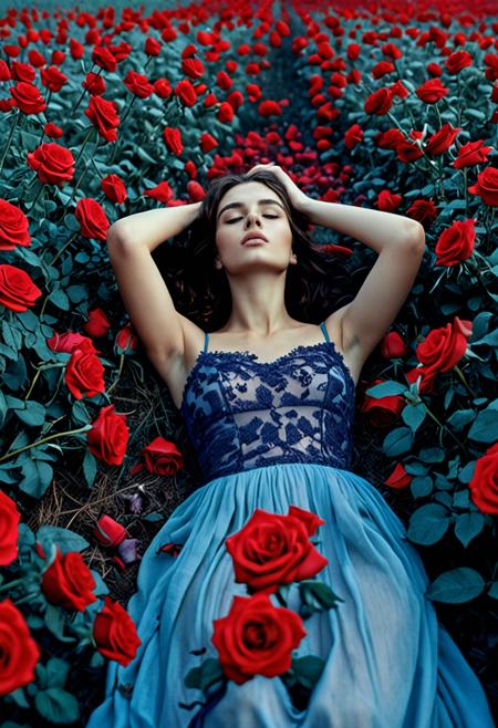 NSFW, (Soft Lighting Photography by Mimoza Veliu and Mario Giacomelli:1.2), A young woman lies in a field of Red roses, creating a dreamy, surreal atmosphere. The overall color is a mixture of soft light blue and purple, creating a tranquil, ethereal atmosphere. , sexy<lora:TWbabeXL01:0.6>