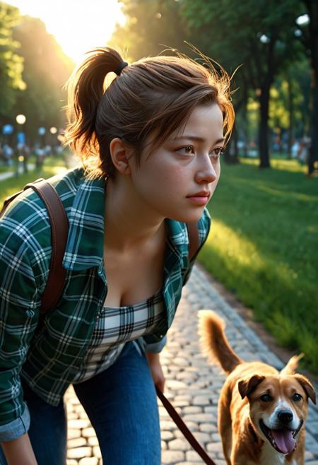 a young european woman, chubby, oval face, brown round eyes, snub nose, double chin, small lips, short brown hair, ponytail,
tight jeans, blue and white plaid shirt, green jacket, walking her dog, sunny afternoon, city park,
dynamic angle, hot summer evening, sunset, golden hour,
shallow depths of field,, masterpiece, 8k, ultra high res, ultra high detail, best quality, ultra detailed, realistic, highly detailed, trending artstation, award winning photograph by annie leibovitz, closeup photo, realistic, greg rutkowski, michael bayardashida, gustave dore alphonse, much craig mullins, matte painting, eugene de blake, cinematic, studio lighting, hyperrealistic, depth of field, bokeh, dof, beautiful, detailed, intricate, elegant, extremely smooth, digital illustration, epic conceptart, rendering, misty light, novel cover artwork, octane render, pixiv contest winner, yusuke murata,