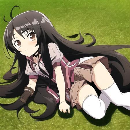 Adeltrud Walter,long hair,black hair,brown eyes,miniskirt,white THIGHHIGHS,brown boots,short sleeves