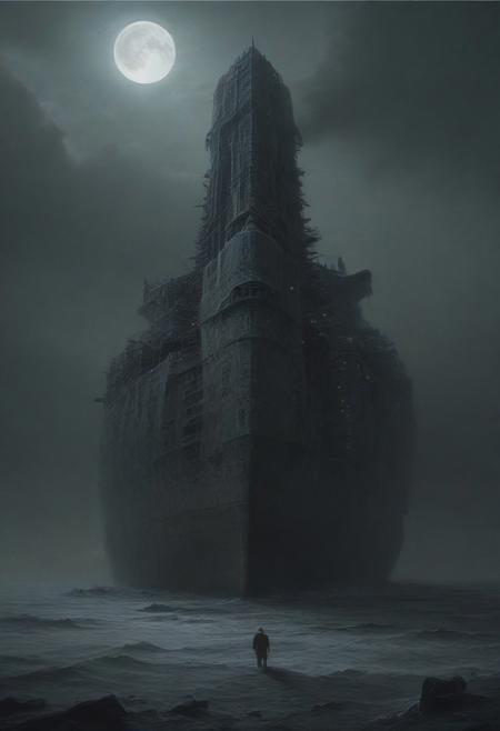 Looking up, Wistful, Best quality, masterpiece, Stylish composition, gloomy lighting, moonlit night, surreal, An imposing  (((Warship))) Dominating over the viewer colossal, immense, gigantic, monumental, formidable, massive scale, mechanophobia, megalophobia, derelict, calm sea, ran on the ground, desolation