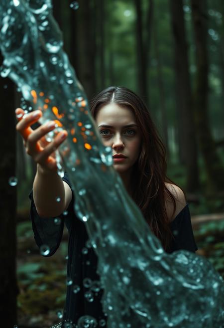A 35-year-old European girl in the forest uses water magic, horror, dark forest, controls a large flow of water, an evil focused look into the frame