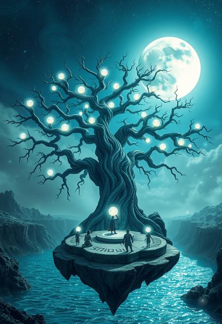 A surreal landscape where a giant, ancient tree with roots that spiral down into a bottomless abyss floats above a shimmering, crystalline lake. The tree’s branches extend into the sky, each one holding a glowing orb that pulses with a soft, ethereal light. Beneath the tree, a group of mystical creatures—half-human, half-animal—gather around a floating stone altar inscribed with runes that glow in sync with the orbs. The scene is illuminated by a sky filled with swirling galaxies and a massive crescent moon that casts a silver light over the entire landscape. The air is filled with floating luminescent particles that dance around, adding a magical touch to the dreamlike atmosphere. The overall composition is intricate, blending the natural and the fantastical in a mesmerizing, otherworldly setting.