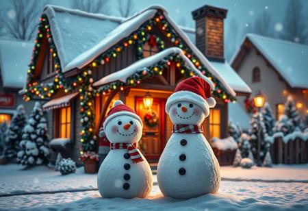 A highly detailed photorealistic image of a small-town house during Christmas, captured from a medium distance. The house is decorated with festive garlands, colorful lights, and a snow-covered roof. In front of the house, two lifelike snowmen stand side by side, both wearing Santa hats and smiling warmly. The surrounding scene features falling snow, with soft lighting that highlights the cozy and magical holiday atmosphere.
<lora:aidmaMJ6.1v0.4:0.6> aidmaMJ6.1  <lora:AntiBlur:1>
