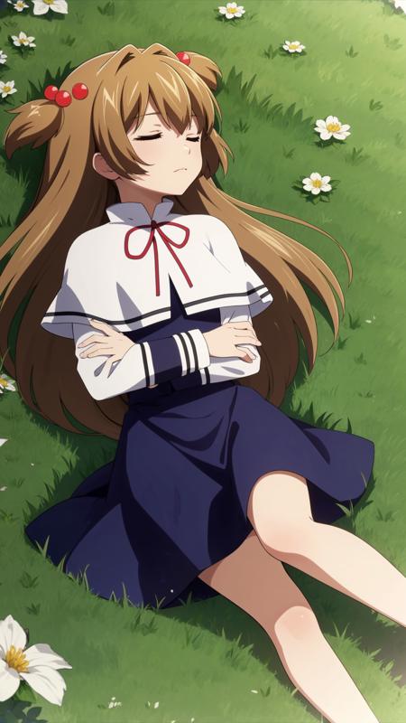 (masterpiece, best quality), ray tracing, absurdres,Jimeko-san, 1girl, solo, sleeping, two side up, hair ornament, school uniform, closed eyes, grass, hair bobbles, long hair, lying, brown hair, dress, on back, white capelet, capelet, blue dress, <lora:Jimeko-san_v2:0.8>