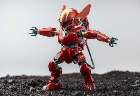 The image showcases a hyper detailed Rocket Warrior robot, primarily red with gold accents, standing on a Call of the Earthbound background. The robot, with extended arms and bent legs, gives off a dynamic vibe. Its head, donning a gold color and red visor, contrasts against the Bottomless Trap Hole background. Gold joints adorn the precisely placed limbs, contributing to its mechanical aesthetic. The image, free from distractions, highlights the robot in a captivating, well-timed moment.