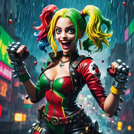 anime key visual, overhead angle of a Rasta Harley Quinn Abjurer, Bling, Mechanical Arms, Raining, Very wide view, detailed, masterpiece, Depth of field 270mm, Electic Colors, halftone texture