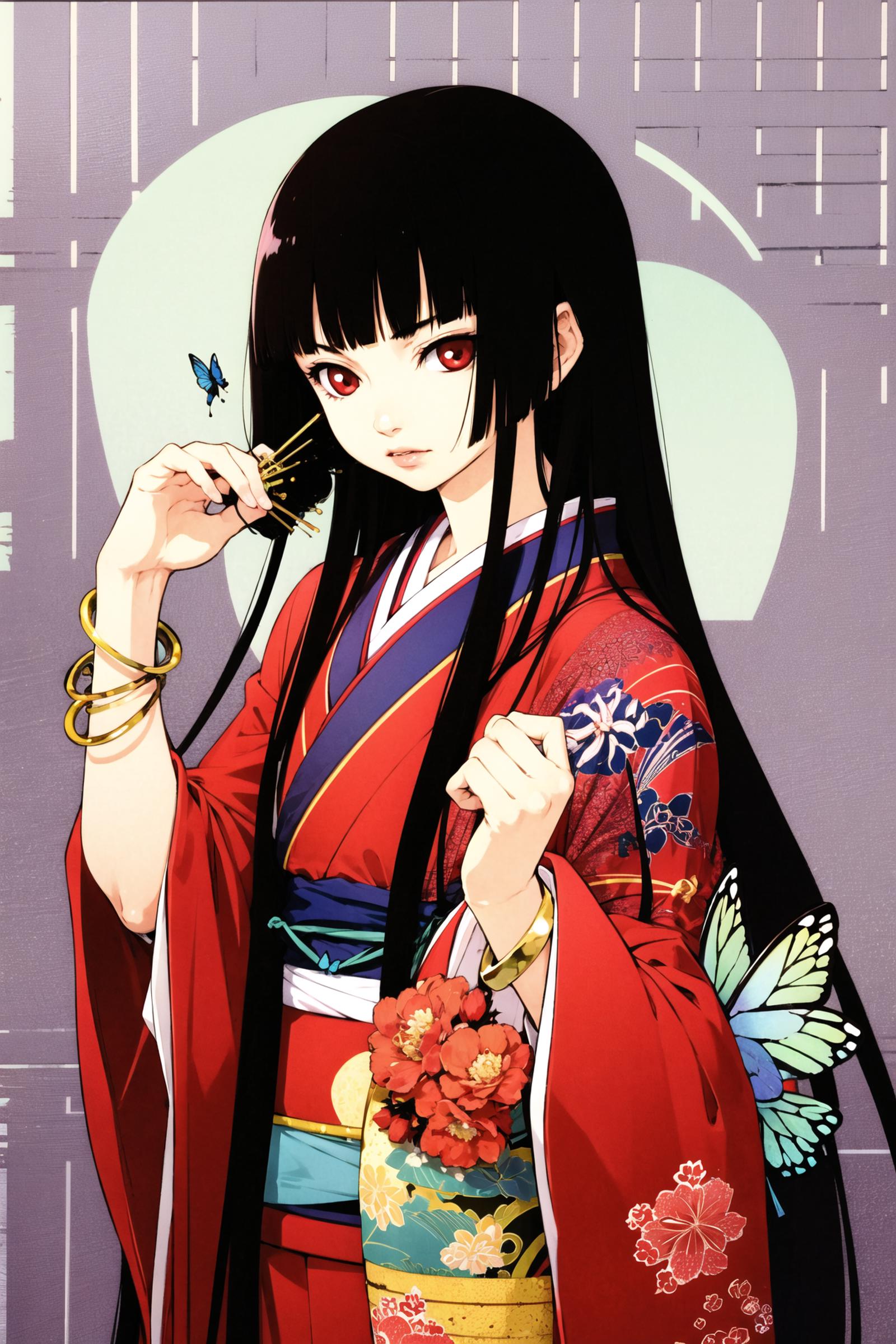 A woman in a kimono with a red flower in her hand and butterflies on her shoulder.