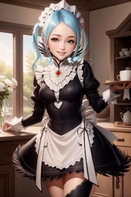 masterpiece, best quality, feflora, red gem, maid headdress, maid outfit, white apron, black thighhighs, smile, looking at viewer, standing, indoors, table, wide shot, holding tray <lora:feliciaflora-nvwls-v1-000010:0.9>