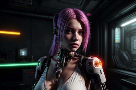 (1 girl),colourful,beautiful female,cyberpunk,robotic arm ,volumetric lighting,photorealistic <lora:more_details:1>