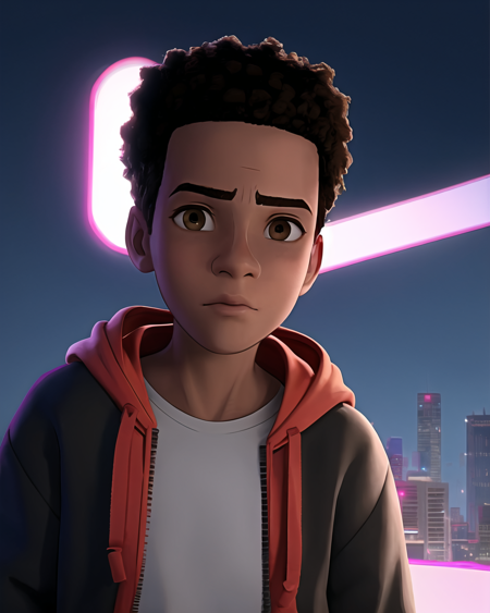 spiderverse style, masterpiece, best quality, 1boy, brown eyes, brown hair, closed mouth, detailed background, looking at viewer, shirt, short hair, outdoors, solo, upper body, hoodie, neon lights, night, sky, city  <lora:spiderverse_style_offset:1>