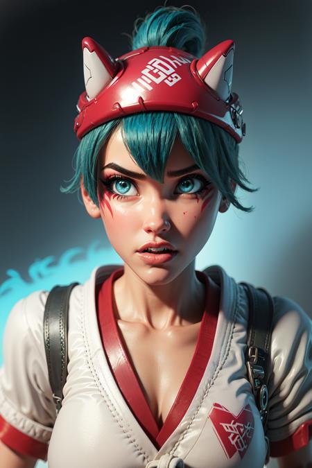 a portrait of K1r1k0 with green hairs wears a red and white outfit and turquoise eyes in front of a turquoise background in the style of K1r1k0