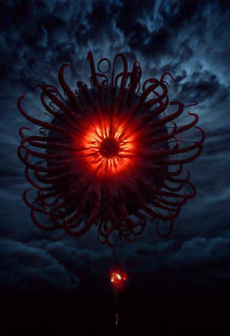 DOCUMENTARY thermal vision photo strapped into a machine that is floating through the sky with long cable-like tentacles grabbing victims from the sky, rapture, extremely dark scene with a faint red sun barely shines through the cloud cover, extremely detailed, a24 cinematography , thermalvision style