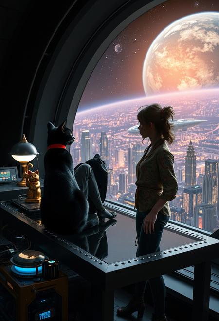 A sleek black cat with red collar sits on a cluttered metal riveted desk with transparent top and micro-LED lighted computer components visible inside, On the desk is a gold and lacquer maneki neko statue and an art deco desk lamp, the Black Cat is looking out of a seamless and futuristic floor to ceiling window that looks out at a planet from low orbit, the planet is covered with the lights of enormous buildings and cities, (((a beautiful woman, 24 years old, is standing next to the desk the cat is sitting on and looking longingly out the window, the woman is dressed in an ornate Japanese style shirt and tight leather pants with an ornate design. An enormous deco starship with futuristic lighting and an enormous space station are visible in the background among the stars, The woman's hair is messy from just waking up and tied up with a ribbon.  Artistic cyberpunk, dynamic perspective, (((overall architectural aesthetic is Art Deco Cyberpunk))).  Epic image that elicits a feeling of wonder and awe,