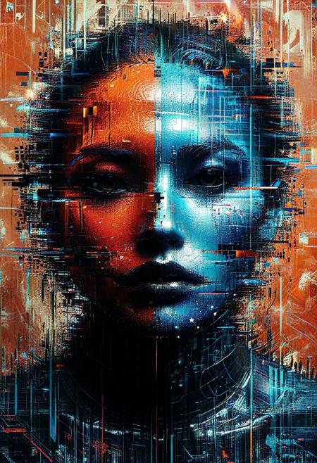 Observe a haunting portrait, executed in a stark palette of orange, blue, and black. Depicted is a bizarre humanoid figure, its upper half dominated by a grotesque, featureless mask. The visage is cracked and pitted, with viscous ebony substance seeping through the fractures, lending an aura of decay and corruption to the otherwise nondescript facade.
This abstract visage contrasts strikingly with the muted, textural background, a field of swirling eddies and streaks suggestive of some unknown cosmic phenomenon. The juxtaposition creates a palpable tension, a sense of unease amplified by the lack of identifying characteristics or context clues.
Across the lower portion of the canvas, a cryptic message is inscribed in a spidery script: "fuck hue". Perhaps a commentary on the act of representation itself, or maybe simply the artist's irreverent signature, this phrase adds an additional layer of intrigue to the piece.
As a whole, the painting embodies the principles of Glitchcore and Wiz-the-Grit, blending technical imperfection and abstraction to create a visceral, unsettling viewing experience.
concept art, digital, illustrative, double exposure, fantasy, 
beautiful, painterly, textural, artistic, aesthetic, 
intricate details, highly detailed, ultra-detailed, absurdres, vivid, vibrant, volumetric lighting, 
aid291, midjourneyv6.1, 
glitch, flickering, digital, glitch style,