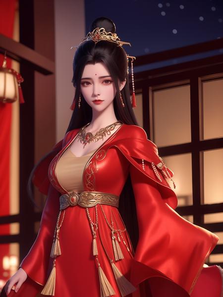 1girl,WMSJyuechanHFgf3,cityscape,night,looking at viewer,red long dress,hair ornament,cowboy shot,hair bun,pearl,tassel hair ornament,necklace,<lora:WMSJyuechanHFgf_20230804140614:0.8>,coat,