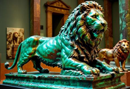 lazypos, patina metal skin, pms style, highly detailed and hyper realistic, Ultrarealistic, sharp focus, dynamic lighting, amazing composition, photorealistic, great composition, best quality, weathered bronze laying lion statue covered in rich green patina, in the museum, brave cute funny red cat sitting on the lion`s back, Style: Photorealistic with cinematic depth