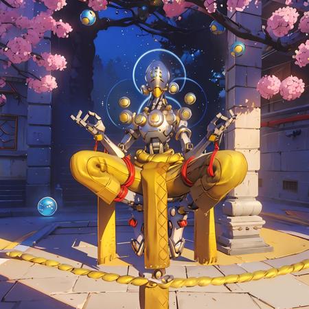 zenyatta, zen, floating, yellow pants, sandals, overwatch, omnic, robot, outside, sakura blossoms, slanted eyes, blue lights, orbs, red fabric, braided rope, (masterpiece, high quality, best quality), hands crossed, sitting in grass