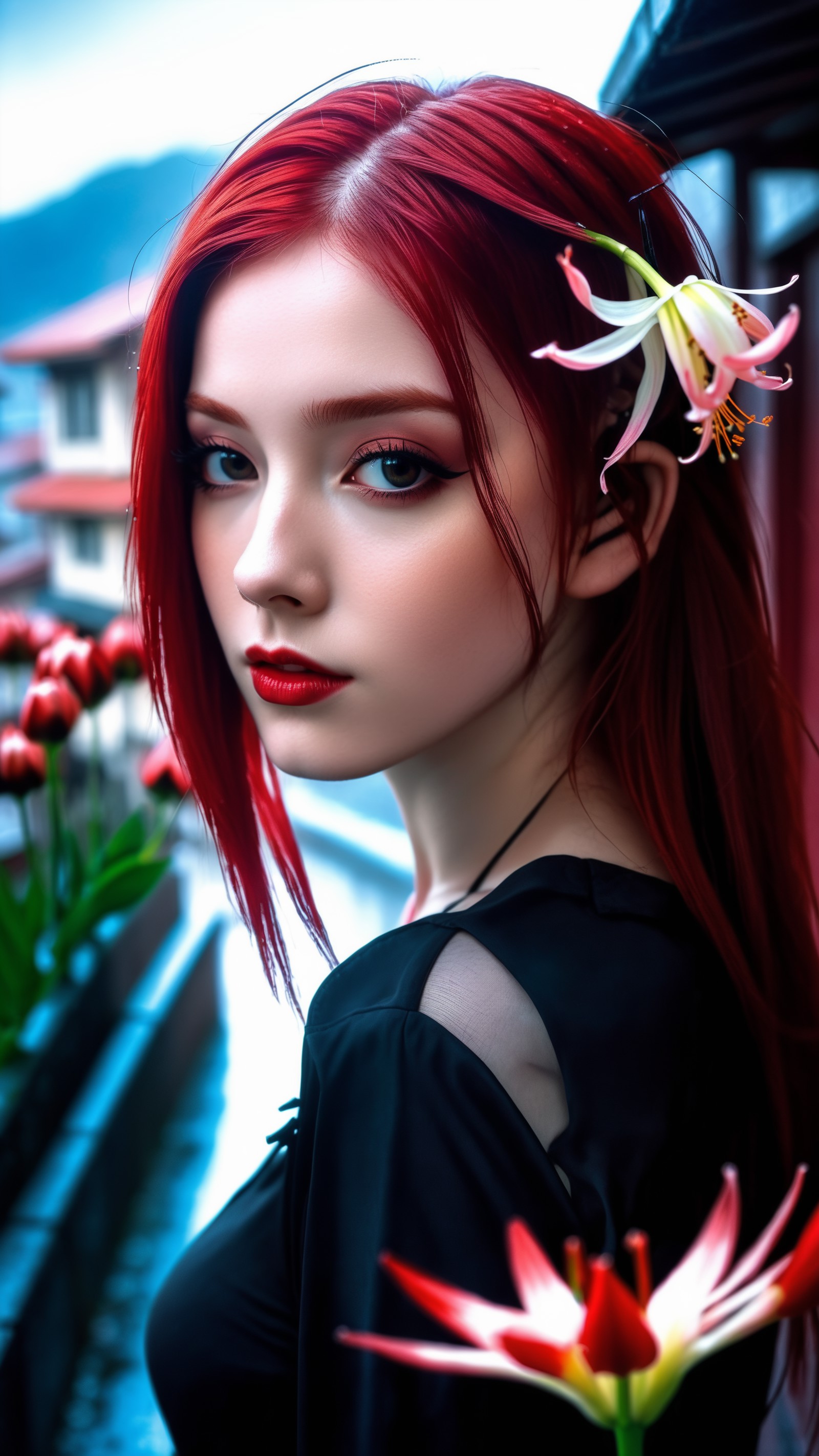 1girl, spider lily, red flowers, rain, sky, mountain, long hair, upper body, from above, Dark shot, city street, pastel go...