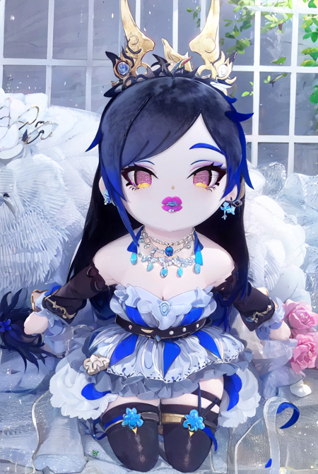 Toy Plushie, masterpiece, best quality, FFX, Final Fantasy 10,  LuLu, 1girl, solo, mole under mouth, jewelry, black hair, mole, makeup, necklace, hair over one eye, belt, dress, lipstick, breasts, long hair, cleavage, hair ornament, eyeshadow, thighhighs, earrings, strapless dress, multiple belts, strapless, bare shoulders,  <lora:Toy_Plushies-10:1.22>