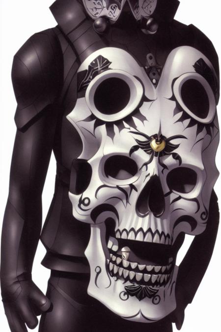 A full body white skull with black hone view on camera, detailed_face,a poster, 1980s_\(style\),retro,Art by kazuma_kaneko