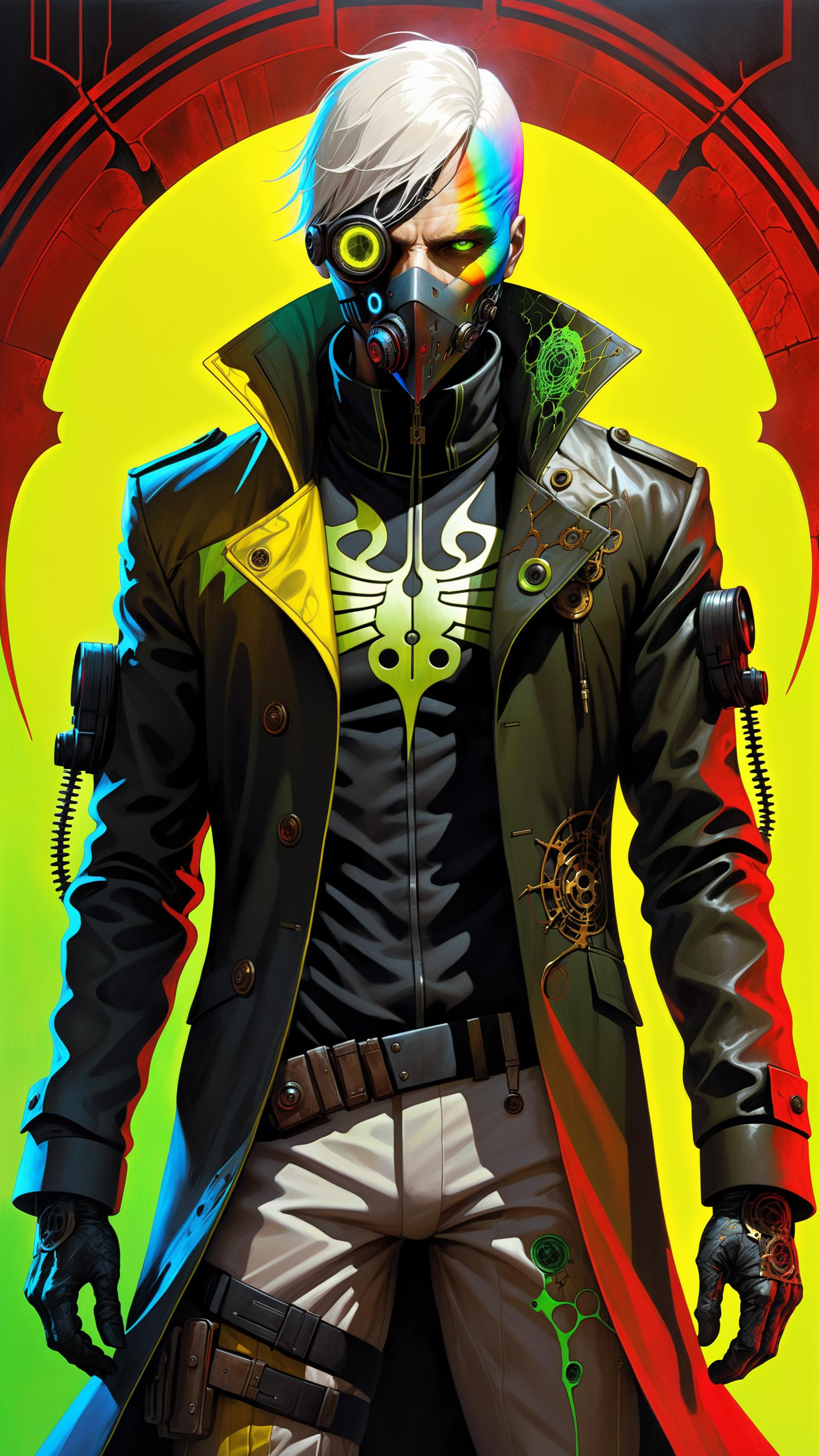 A man wearing a black and yellow jacket and a gas mask.