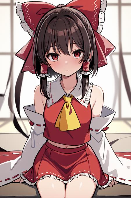 masterpiece, wagashi, 1girl, hakurei reimu, red bow, yellow ascot, bare shoulders, ribbon trim, skirt set, detached sleeves, hair tubes, brown hair, black hair, brown eyes, sidelocks, hair bow, gohei, long hair, bangs, ribbon-trimmed sleeves, frilled bow, red long sleeves, frills, short hair, red eyes, wide sleeves,