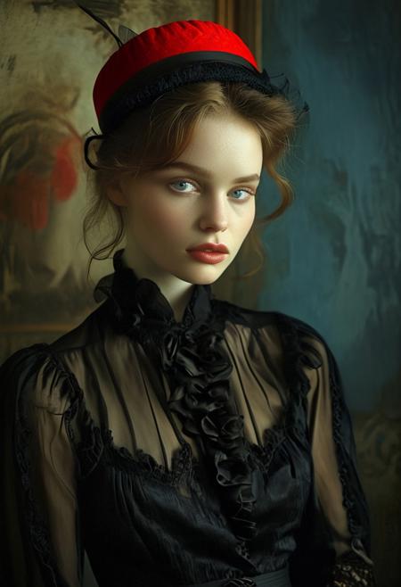 High fashion model photo, , irish woman, high detalied natural skin, (strange hair1.2), (like Orla Fitzgerald1.2), cute, suggestive, melancholic, elegant, trendy, stylish, Fauvism Art of elegant clothes, rpg, gothic, medieval, dark Olivier Valsecchi, Albert Benois, Samuel Peploe, , artwork by Klee and Kandiskhy, (red hat1.2), photo by (Paolo Roversi1.2), studio lighting,  Rembrandt lighting, rim lighting, Bauhaus still background, low angle shoot, sharply focused, trending of artstation