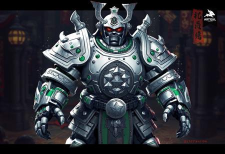 Superheavy Samurai Monk Big Benkei robot, silver armor, green & black accents, helmet visor, star chest plate, Dice Dungeon background, assertive stance, isometric view, dynamic action pose, splash ink illustration, octane render, Unreal Engine 5, Raphael style, Houdini style, vivid details, 4k, trending on Artstation, CGSociety, golden ratio, immaculate detail, vibrant colors, dramatic lighting.