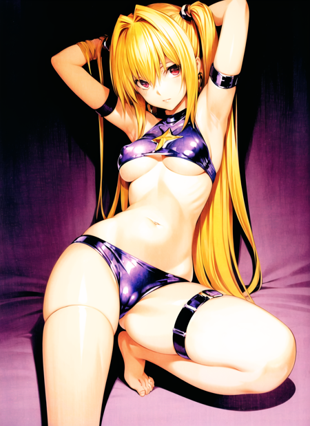 obata takeshi, masterpiece, best quality, 1girl, arm strap, armpits, arms up, bikini, blonde hair, breasts, closed mouth, covered nipples, crop top, expressionless, hair between eyes, hair intakes, highres, konjiki no yami, lips, long hair, looking at viewer, medium breasts, navel, red eyes, shiny skin, solo, swimsuit, thigh strap, to love-ru, two side up, underboob, very long hair <lora:obata_takeshi_offset:1>