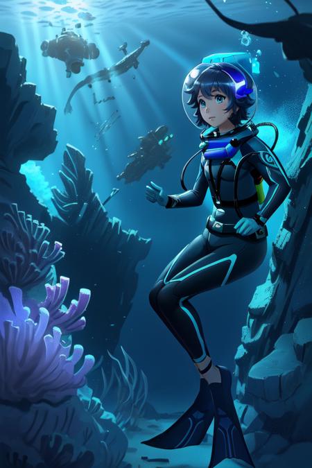 Pretty female scuba diver swimming underwater, ultra detailed, ((full body diving suit)), gloves, sharp focus, crystal clear, masterpiece, (1girl), (alone), ((underwater)), weight belt, ((lama scuba helmet)), (diving watch), (((deep sea dive))), ocean abyss, dim blue lighting, caustic effects, ((perfect anatomy)), ((perfectly drawn face)), ((perfectly drawn hands)), ((perfectly drawn eyes)), (black fins), underwater background, anime still, fish school, [fish], (coral reef), alguae, high tech wreckage, high tech machinery, (spaceship wreckage), in the style of style-nebula, <lora:lama_scuba_helmet_rev2-10:0.825>