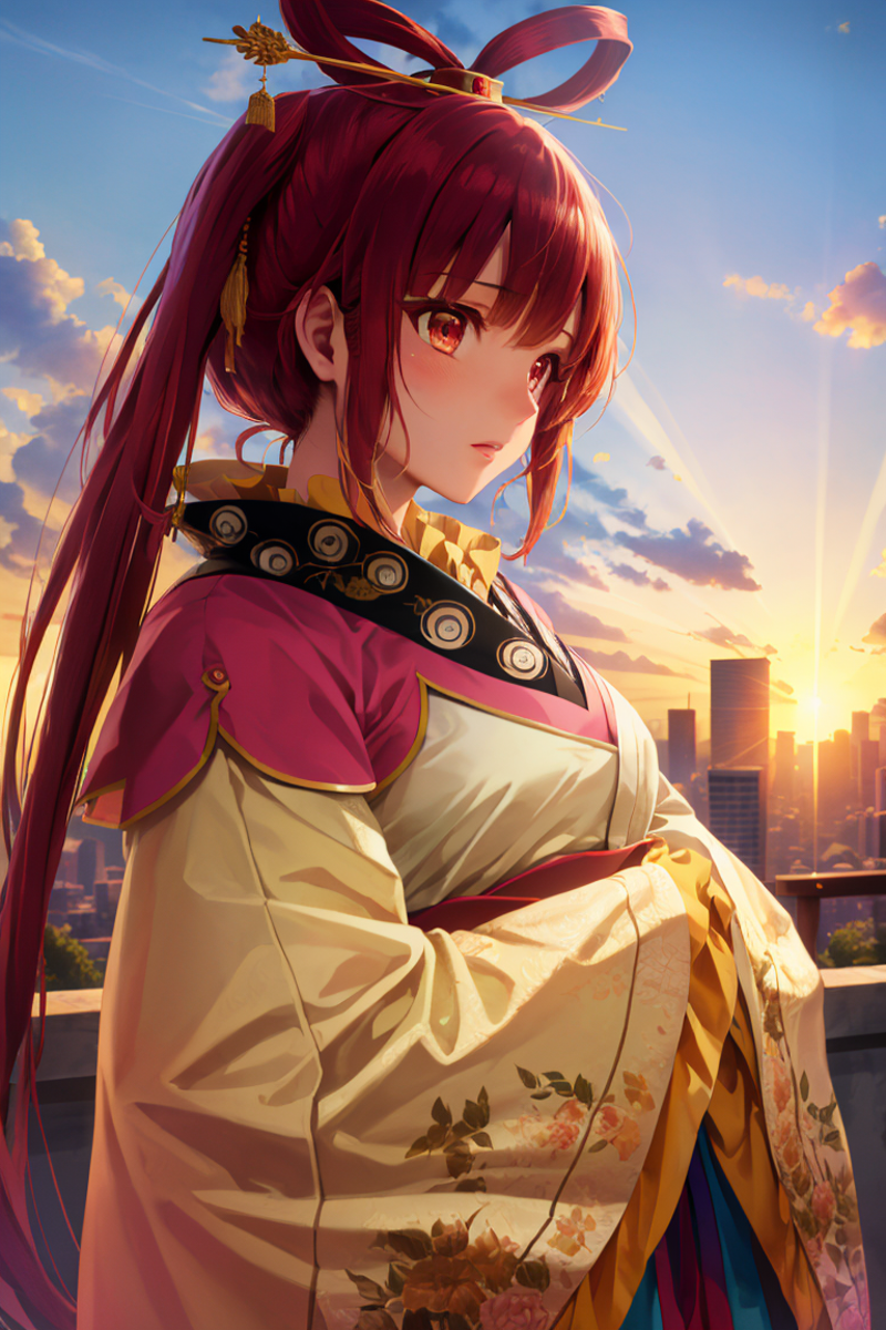A cartoon woman in a kimono looking at the sunset.