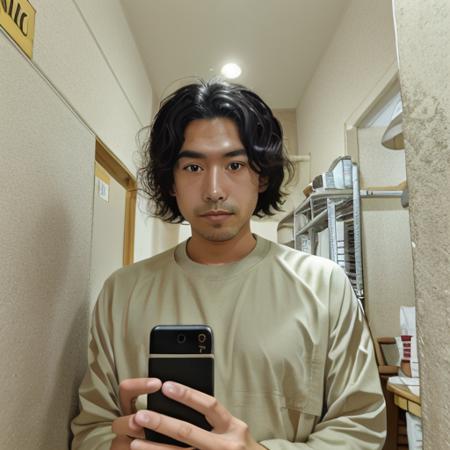 <lora:yamano_v2:1> yamano face, a man with a shirt on holding a cell phone in his hand and looking at the camera