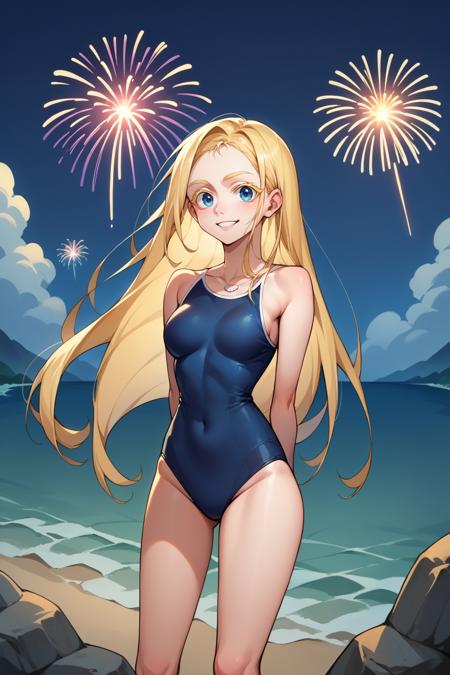 ushkfn, colored eyelashes, very long hair shell necklace, one-piece swimsuit
