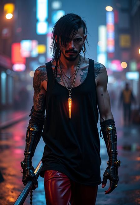 halfprofile frontal portrait from above,cyberpunk megastructure future scifi film, full hd raw detailed nighttime night photograph, cinematic atmosphere with hazey neonlit background, german polish thin tall 190cm man in his thirties, pale fair skin, goatee, long thin nose, long black emo haircut where hair covers his forehead, multiple golden ear piercings in upper ear, while walking towards viewer, dark red leather pants, long silver necklace with orange glowing crystal pendant, oversized loose black v-neck muscleshirt tanktop, black cybernetc arms with colorful analogue robot implants, he is holding a large black electrified zweihander claymore sword that emits strong magic energy, aggressive attack pose, ready for battle, electric lightning emitting from body and sword