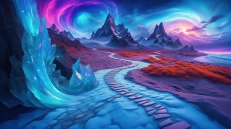 Psychedelic style Fantastic beach, pathway winding through the ice, mountainous horizon, chaotic clouds, psychedelic night sky full of stars, beautiful, magnificent color matching, cinematic, volumetric clouds, realistic painting, concept art, trending on art-station, ultra-HD, 8K . Vibrant colors, swirling patterns, abstract forms, surreal, trippy