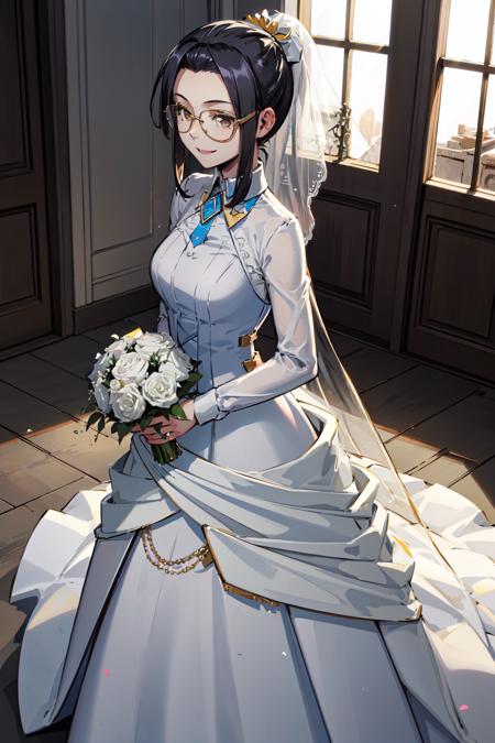 <lora:scroll-15:0.7>, 1girl, solo,  black hair, ponytail, glasses,  bob haircut, smile, (( wedding dress,  )) , standing