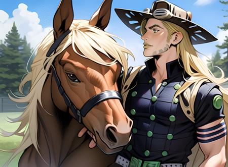 solo, araki hirohiko (style), blonde, horse riding, gyro zeppeli, brown hat, goggles,  belt, long hair,body, thin waist, male focus, 1boy, masterpiece, best quality, ultra-detailed detailed, detailed digital artwork, hi res, male focus, beard,  horse in background, brown horse, <lora:gyro-000003:0.85>