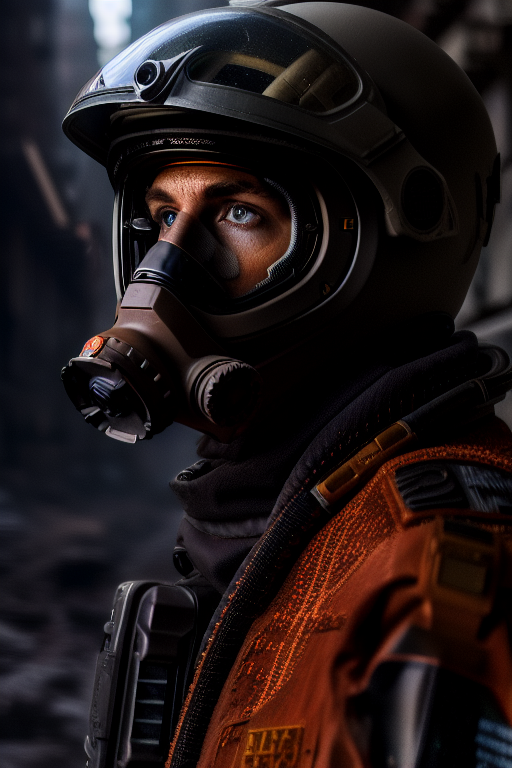 professional modelshoot photo, rescuer in (highly detailed:1.1) orange pressure suit, face fully covered with a sci-fi gas...