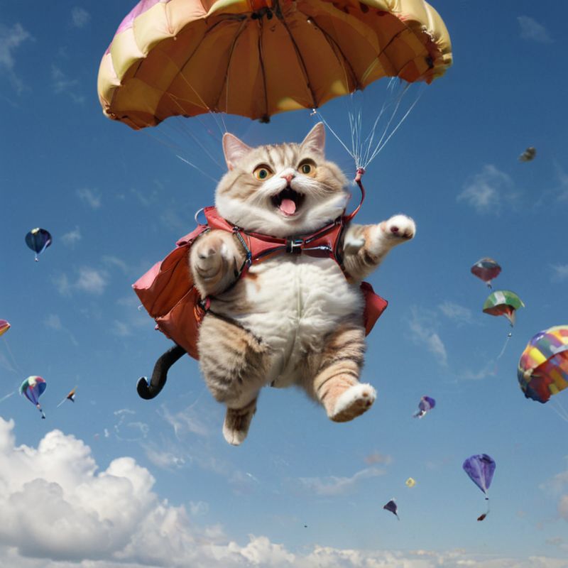 A Fat Cat in the Air with a Parachute.