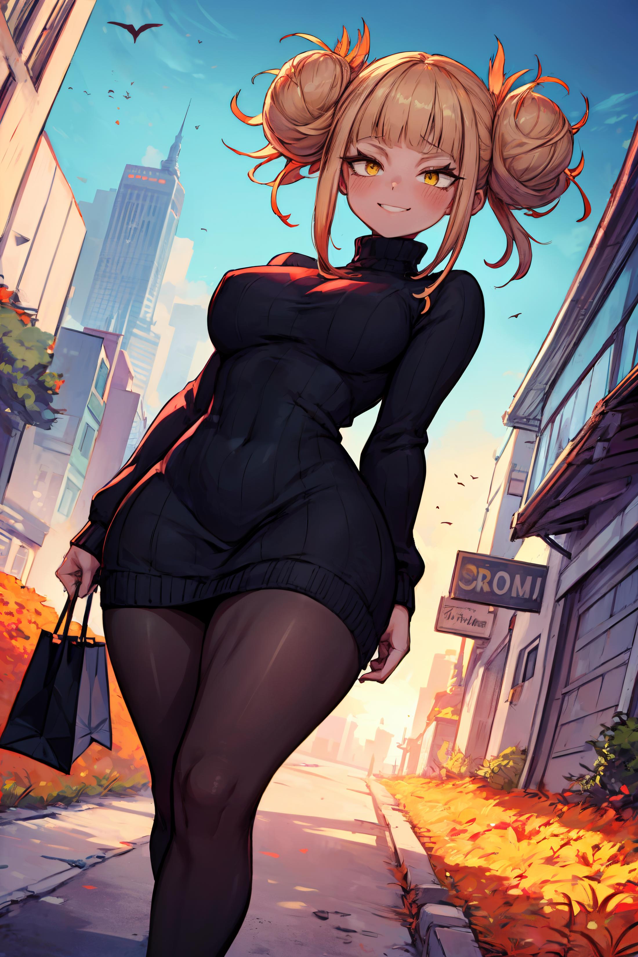 A cartoon woman wearing a black shirt and tights walks down a city street.