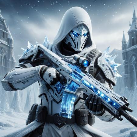 a realistic action shot  of a fantasy game character wielding an assault rifle made of ice, pointing at the camera, wearing white armor, snowing allay in background, digital art, HD, masterpiece, best quality, hyper detailed, ultra detailed,