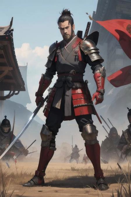 a male samurai in armor on a battlefield surrounded by butchered enemies, bloody, gory, gore, katana, red and black